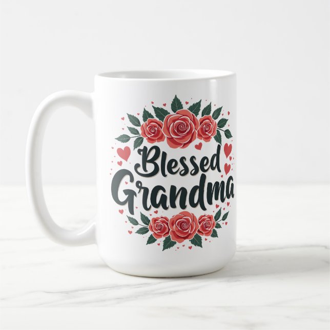 Ro Typografi av den välsignade Grandma Blommigt Vi Kaffemugg (Vänster)