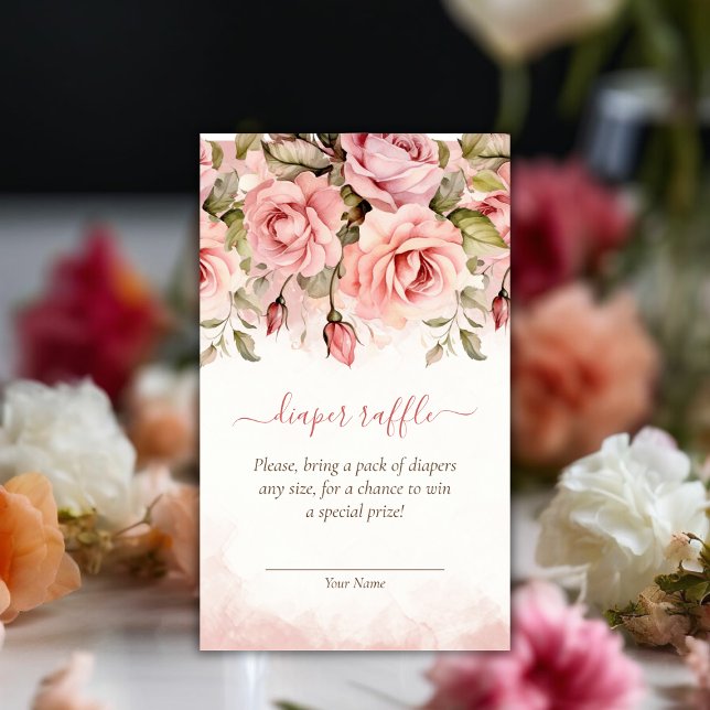  Ro-vattenfärgsbabyskor Förkläde Raffle Tilläggskort (Blush Rose Watercolor Baby Shower Diaper Raffle Enclosure Card)