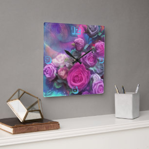 Ro Wall Clock, vacker bukett Fyrkantig Klocka