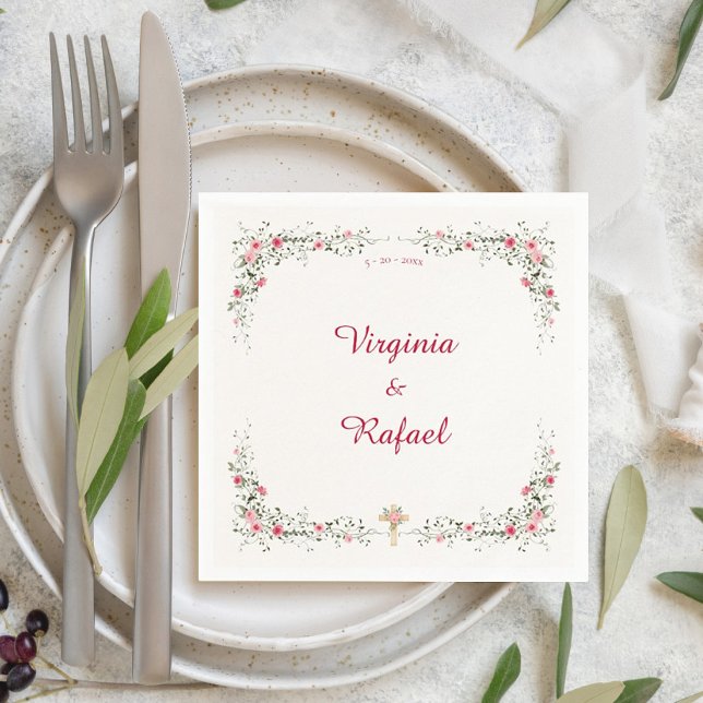 Ro Watercolor Blommigt Cream Christian Bröllop Pappersservett (Rose Watercolor Floral Wedding Napkins with Cross, Cream Background and Elegant Red Font)
