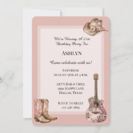 Ro  Western Cowgirl Blommigt Guitar Birthday Inbjudningar