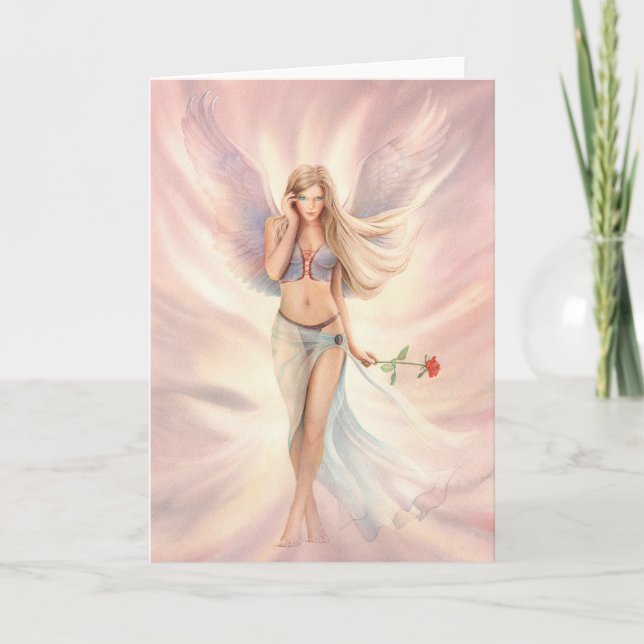 "Ro" Winged Fairy med ett Röd ros-gratulationskort Kort (Framsida)