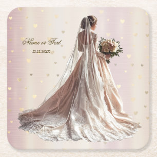 Ro Winter WedBride Golden Shiny Heart Party Underlägg Papper Kvadrat