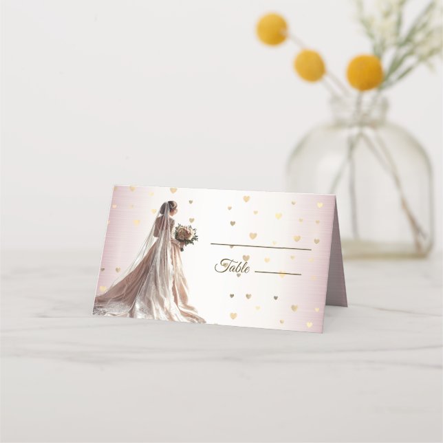 Ro Winter Wedding Bride Golden Shiny Hearts Placeringskort (Framsida)