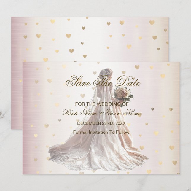 Ro Winter Wedding Bride Golden Shiny Hearts Spara Datumet (Fram/baksida)