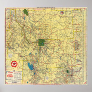 Road karta Idaho, Mont, Wyo karta Poster