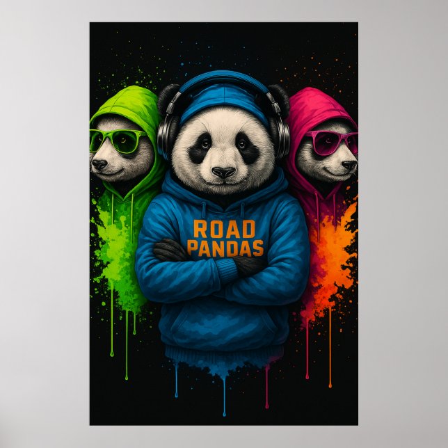 Road Pandas Crew — Cool Urban Animal Art Poster (Framsidan)