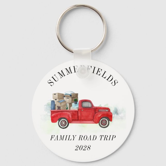 Road Resa Family Summer Vacation Red Lastbil Anpas Nyckelring (Framsida)