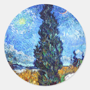 Road with Cypress and Star (1890) Van Gogh Art. Runt Klistermärke