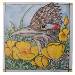 Roadrunner w/California Poppy Wildlife Gult Art Kakelplatta