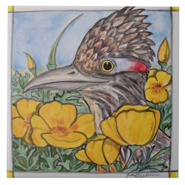 Roadrunner w/California Poppy Wildlife Gult Art Kakelplatta (Framsidan)