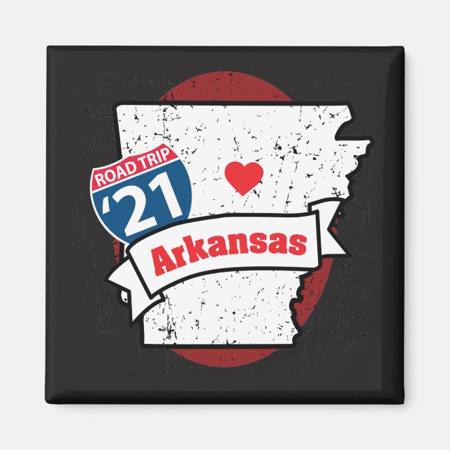 Roadtrip '21 Arkansas - square (red/black) magnet (Framsidan)