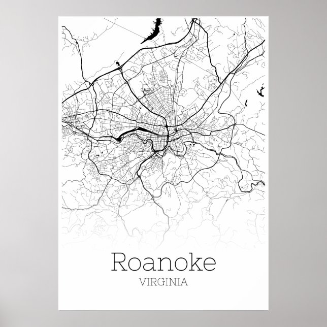 Roanoke Karta - Virginia - City Karta Poster (Framsidan)