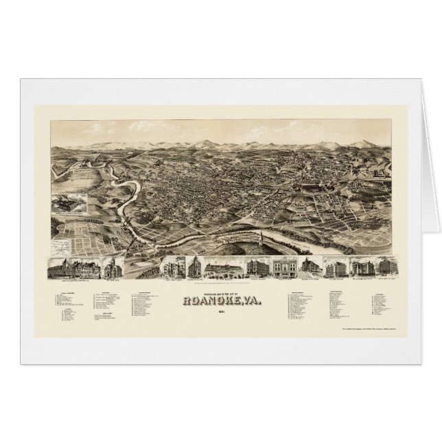 Roanoke panorama- karta för VA - 1891 Hälsningskort (Framsidan Horizontal)