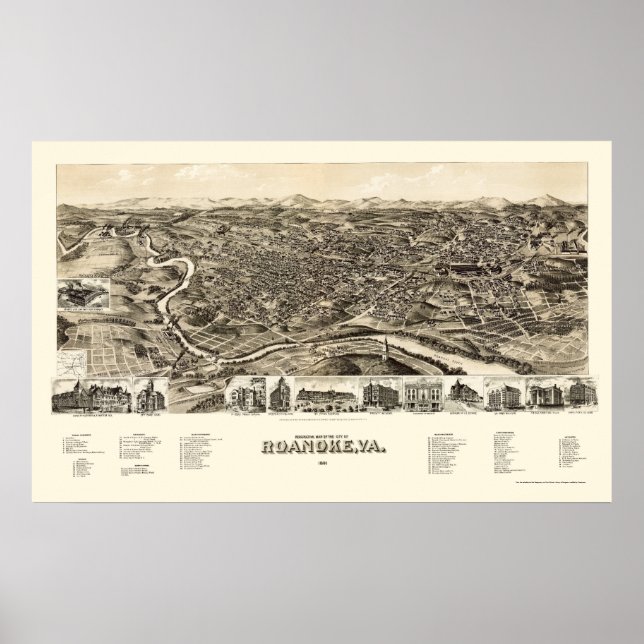 Roanoke, VA Panoramic Karta - 1891 Poster (Framsidan)