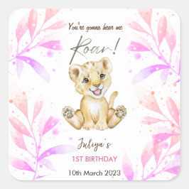 Roar 1:a födelsedag rosa fyrkantigt klistermärke
