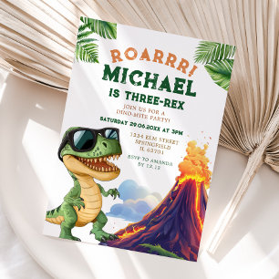 Roar Boy Three-Rex Dinosaur Volcano 3:e födelsedag Inbjudningar