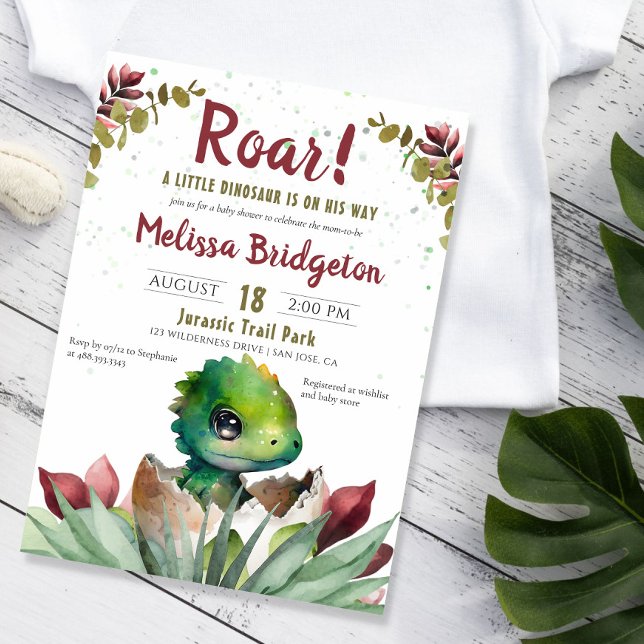 Roar Cute Dinosaur Pojke Watercolor Shower Inbjudningar (a little dinosaur is on his way invite)