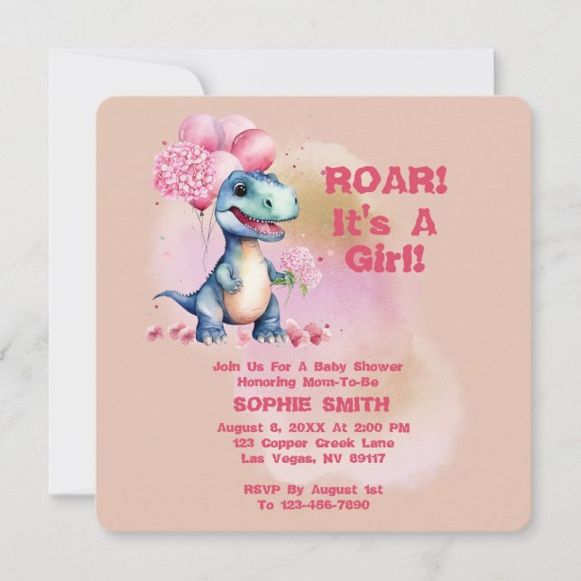Roar Det är A Girl T-Rex Baby Dinosaur Rosa Inbjudningar (Framsida)