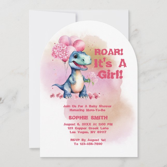 Roar Det är A Girl T-Rex Baby Dinosaur Rosa Inbjudningar (Framsida)