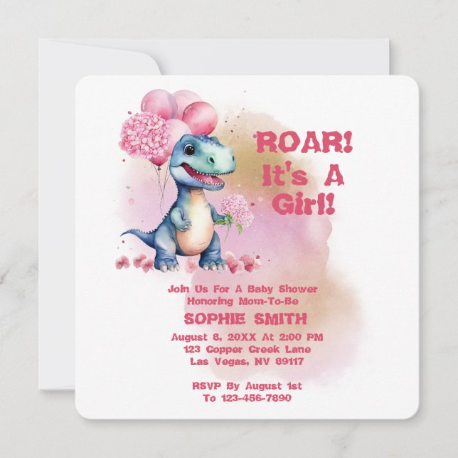 Roar Det är A Girl T-Rex Baby Dinosaur Rosa Inbjudningar (Framsida)