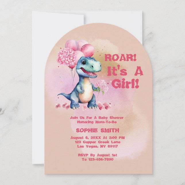 Roar Det är A Girl T-Rex Baby Dinosaur Rosa Inbjudningar (Framsida)