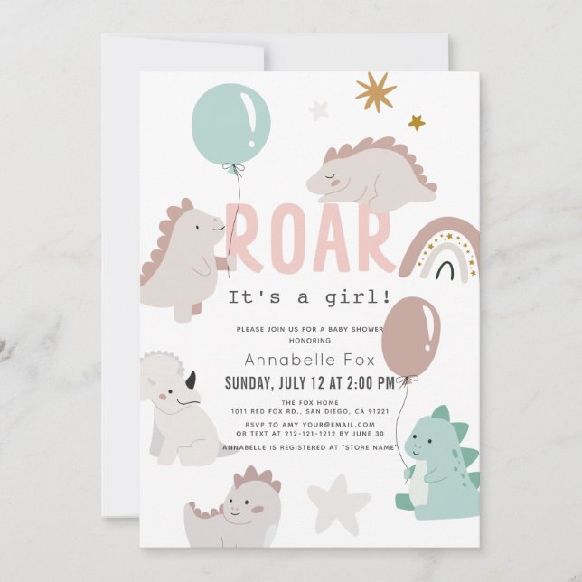 Roar Det är en Rosa Dinosaur Baby Shower Inbjudningar (Framsida)