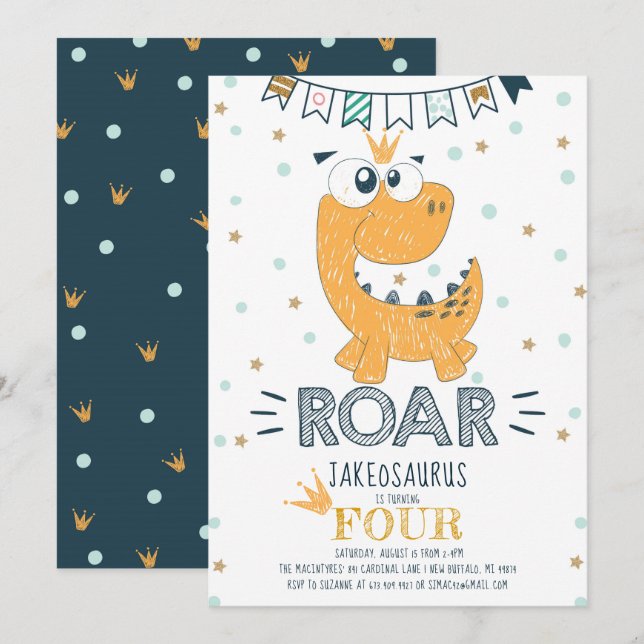 ROAR Dinosaur Birthday Inbjudningar (Fram/baksida)
