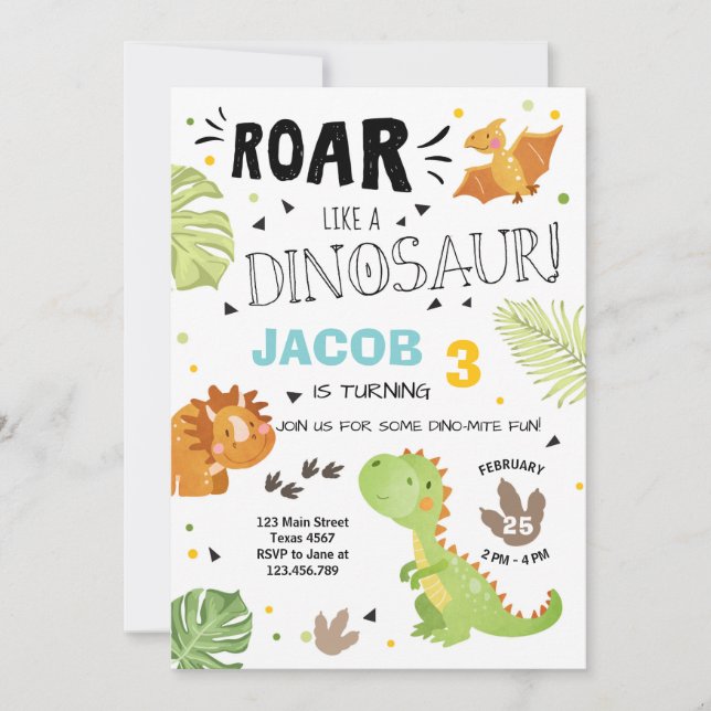 Roar Dinosaur-födelsedagsinbjudan Dino Party Boy Inbjudningar (Framsida)