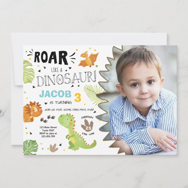 Roar Dinosaur födelsedagsinbjudan Dino Party Boy Inbjudningar (Framsida)