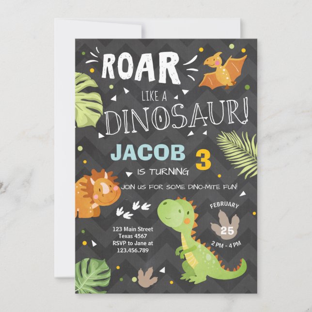 Roar Dinosaur-födelsedagsinbjudan Dino Party Boy Inbjudningar (Framsida)