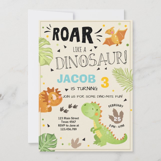 Roar Dinosaur-födelsedagsinbjudan Dino Party Boy Inbjudningar (Framsida)