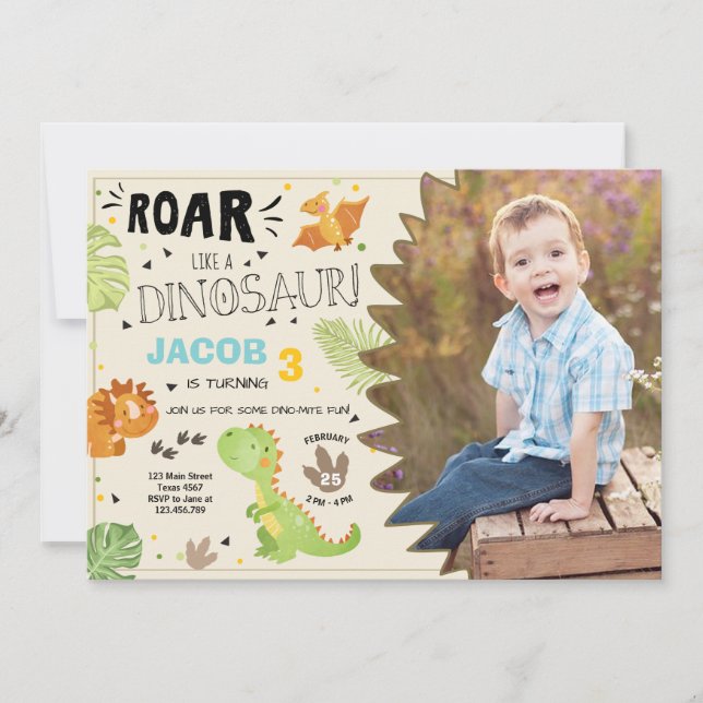 Roar Dinosaur-födelsedagsinbjudan Dino Party Boy Inbjudningar (Framsida)