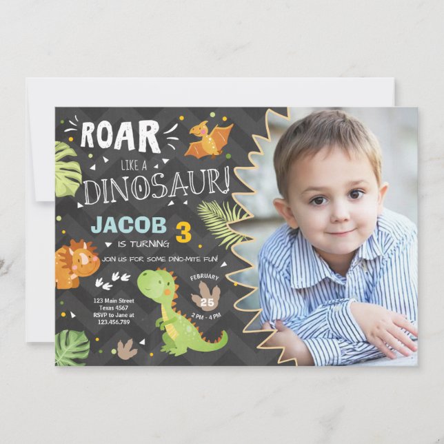 Roar Dinosaur födelsedagsinbjudan Dino Party Boy Inbjudningar (Framsida)