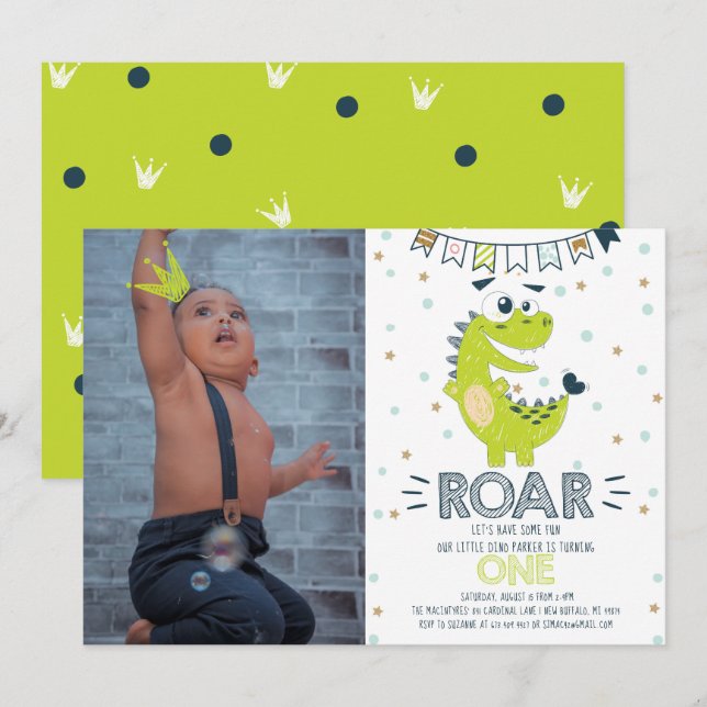 ROAR Dinosaur Fotoinbjudan första födelsedag Inbjudningar (Fram/baksida)