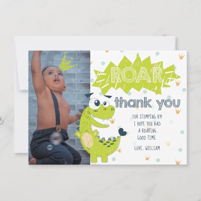 Roar Dinosaur Grönt Birthday Photo Tackyou Card Tack Kort (Framsida)