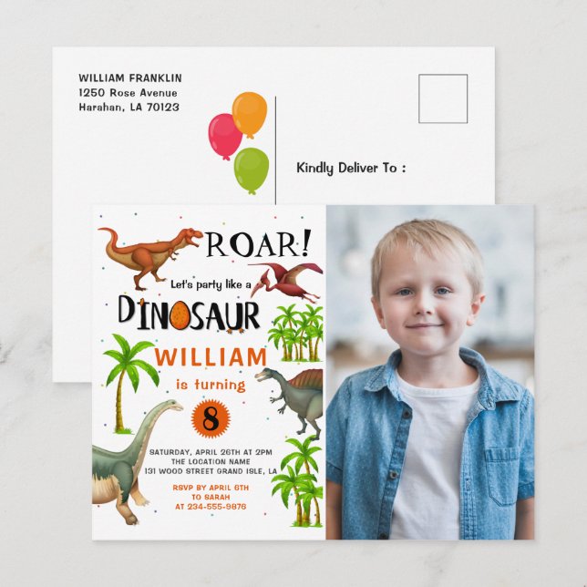 Roar Dinosaur Jungle Birthday Fotoinbjudan Vykort (Fram/baksida)