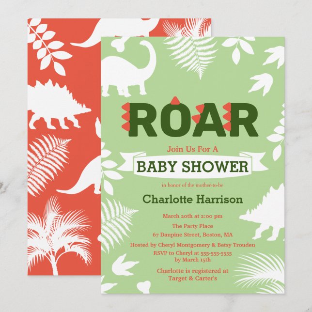 Roar Dinosaur & Jungle Foliage Baby Shower Inbjudningar (Fram/baksida)