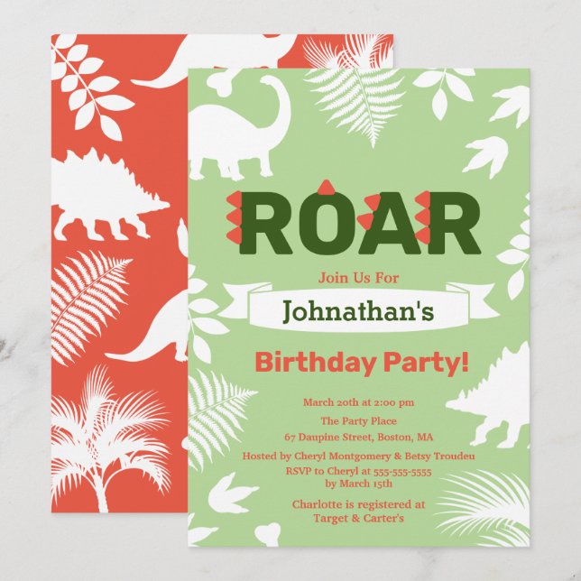 Roar Dinosaur & Jungle Foliage Birthday Inbjudningar (Fram/baksida)