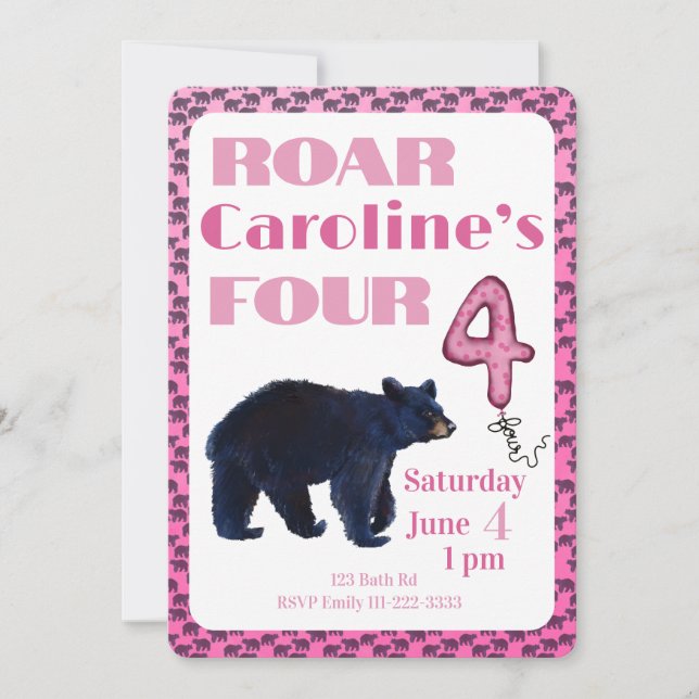 Roar Four Bear 4th Birthday Invitation Inbjudningar (Framsida)