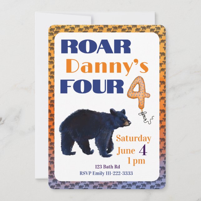 Roar Four Bear 4th Birthday Invitation Inbjudningar (Framsida)