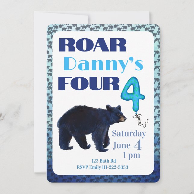 Roar Four Bear 4th Birthday Invitation Inbjudningar (Framsida)