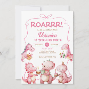 ROAR Girl T-Rex Dinosaur Rosa Bow Födelsedagsfest Inbjudningar
