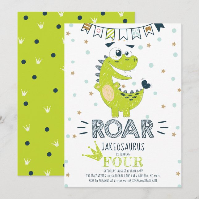 ROAR Grönt Dinosaur Birthday Inbjudningar (Fram/baksida)