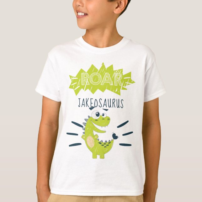 ROAR Grönt Personlig Dinosaur Birthday T Shirt (Framsida)