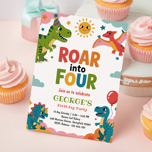 Roar Into Four Cute Dinosaurs 4th Birthday Party Inbjudningar (Skapare uppladdad)