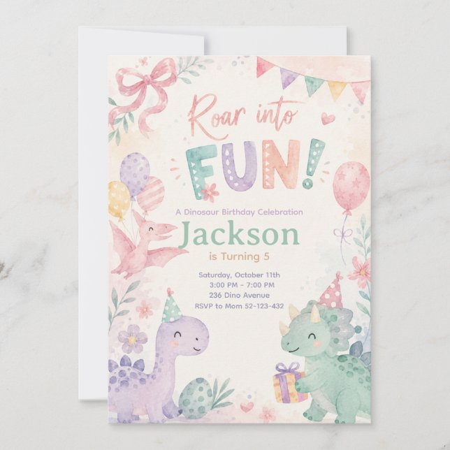 Roar Into Fun Dinosaur Invitation Editable Inbjudningar (Framsida)