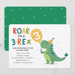 Roar jag är en tredje Födelsedagsfest med 3-Rex-ba Inbjudningar