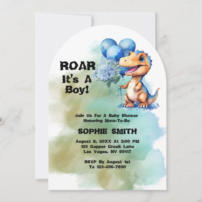 Roar sin A Boy T-Rex Dinosaur Baby Shower Arch Inbjudningar (Framsida)