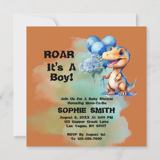Roar sin A Boy T-Rex Dinosaur Baby Shower-ruta Inbjudningar (Framsida)